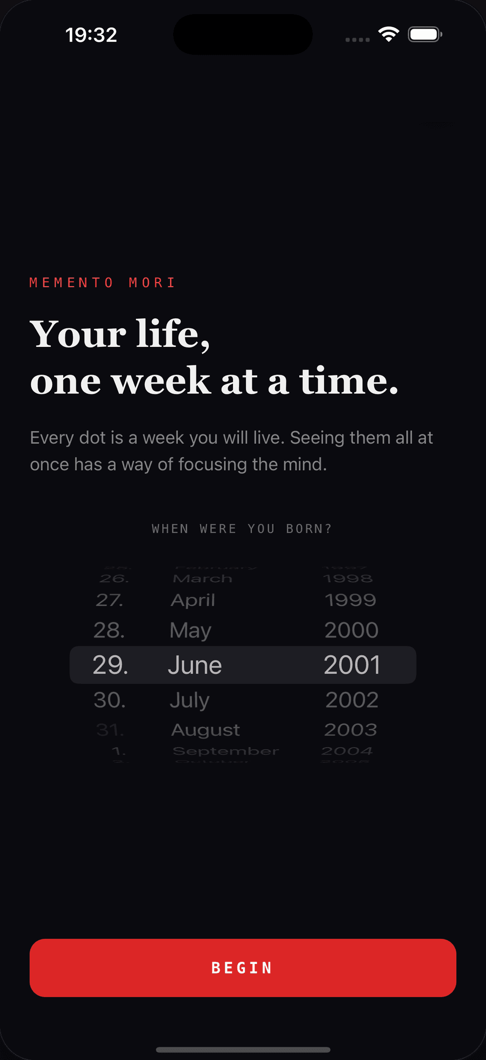 Memento Mori onboarding — enter your birthday to begin